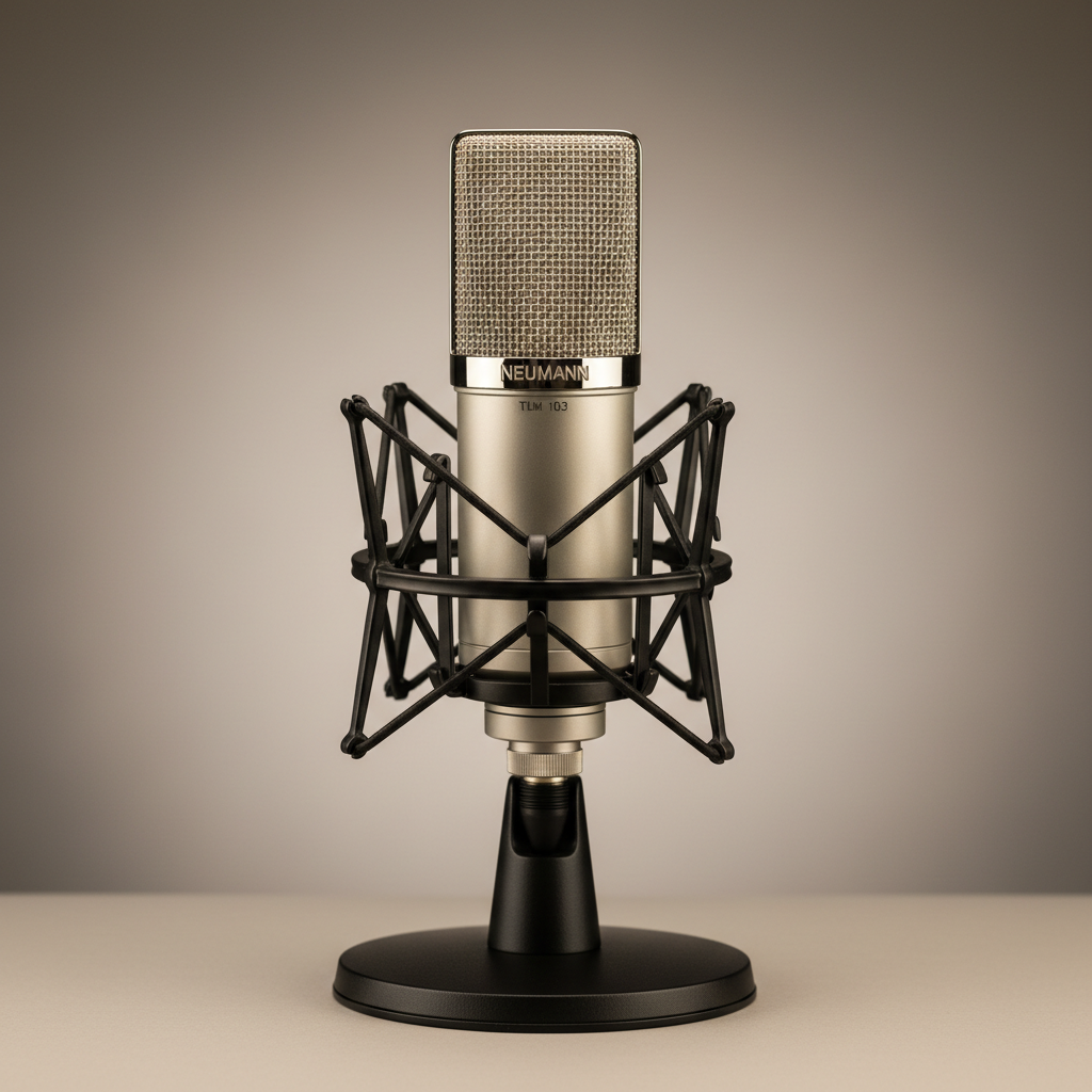 A professional, close-up studio photograph of a large diaphragm condenser microphone, like a Neumann TLM 103, against a clean neutral beige or warm grey background. Soft studio lighting, shallow depth of field, high-end product photography style. No people, just the microphone.