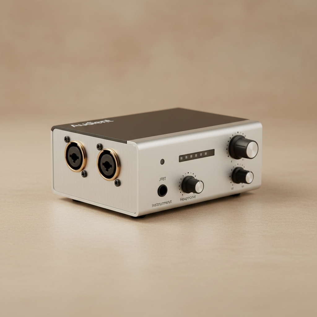 Professional studio product photography of an audio interface, similar to the Audient iD14 — a sleek compact desktop audio interface with knobs and inputs, shot on a clean neutral warm beige or light grey background. Soft even studio lighting, slight shallow depth of field, high-end product photography style. No people, just the device.