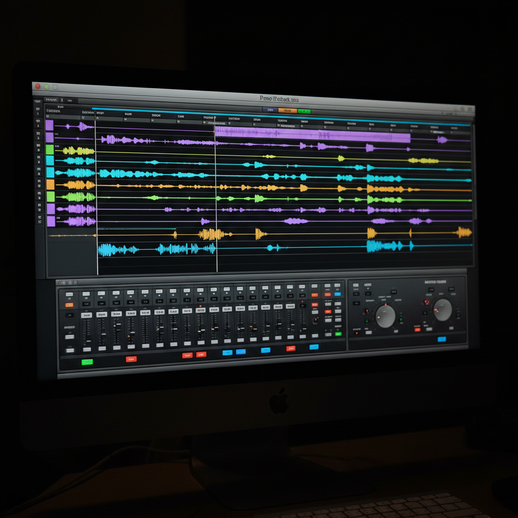 Professional stock photo of a DAW (digital audio workstation) mixing session — a close-up of a computer screen showing a Pro Tools or similar DAW interface with colorful audio tracks, waveforms, and mixing controls. Dark studio environment, dramatic lighting reflecting off the screen, cinematic and professional feel. No people, just the screen and software.