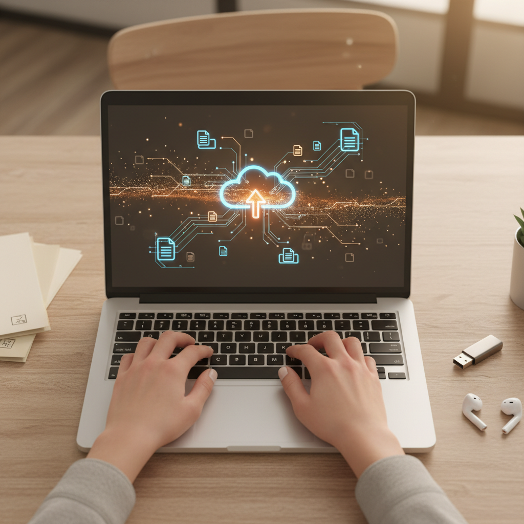 Professional stock photo concept: a close-up of hands over a laptop keyboard with digital file transfer icons, cloud upload arrows, or abstract data streams glowing on screen. Clean, modern, slightly warm neutral tones. Could also show a stylized flat-lay of a laptop with file folders, USB drive, and earphones on a warm beige desk. High-end professional stock photography style, no people's faces.